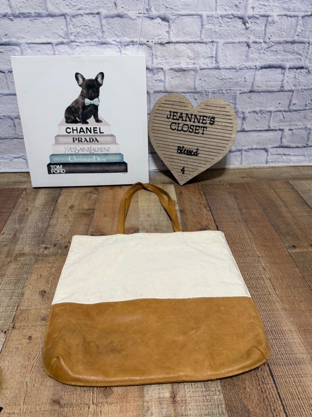 White canvas and leather hearth and hand with magnolia tote bag